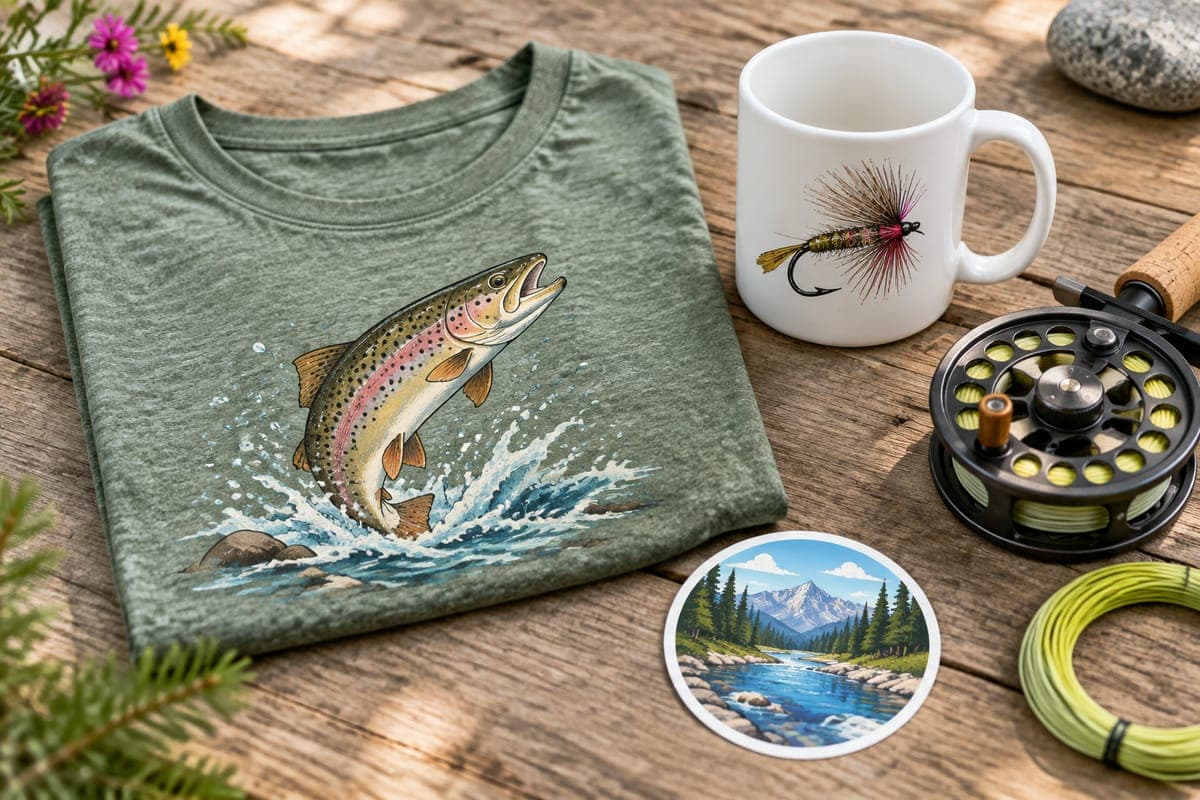 Flat lay of a heather t-shirt, mug and sticker with trout and fly-fishing motifs next to a fishing reel.
