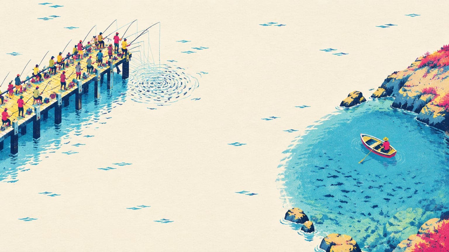 Illustration of a crowded fishing pier next to a quiet cove where one rowboat floats above plenty of fish