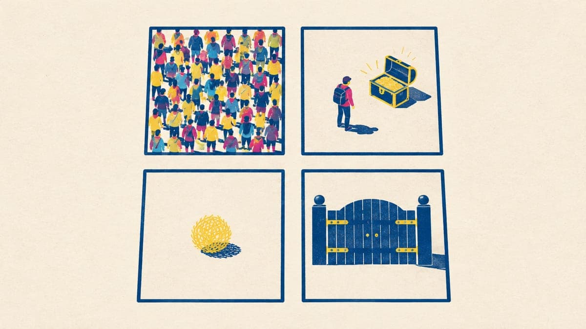 Two-by-two grid illustration with a crowded square, a treasure square, an empty square and a gated square