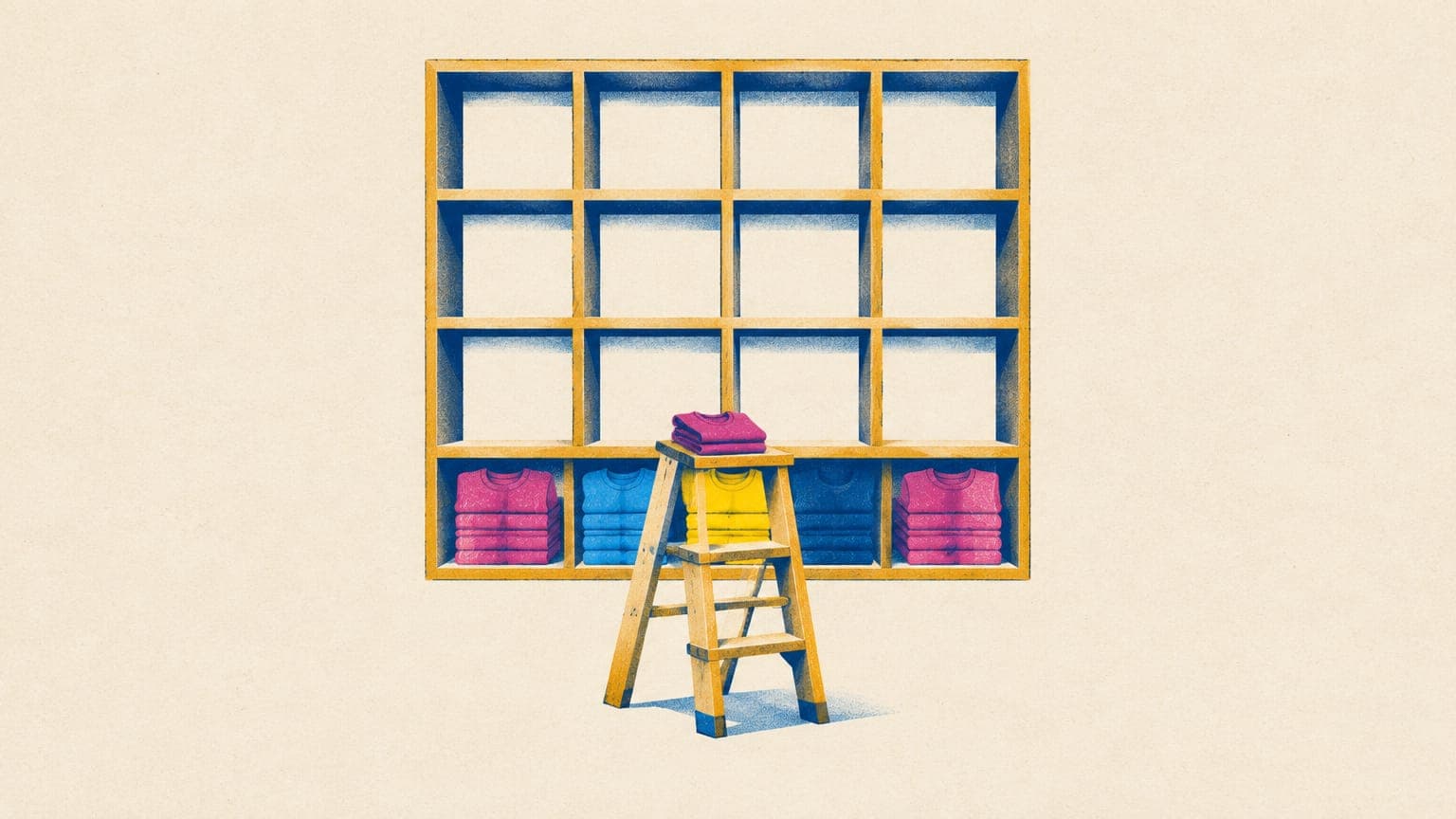 Cubby shelves with folded t-shirts in the bottom row and a step ladder leading up to empty rows