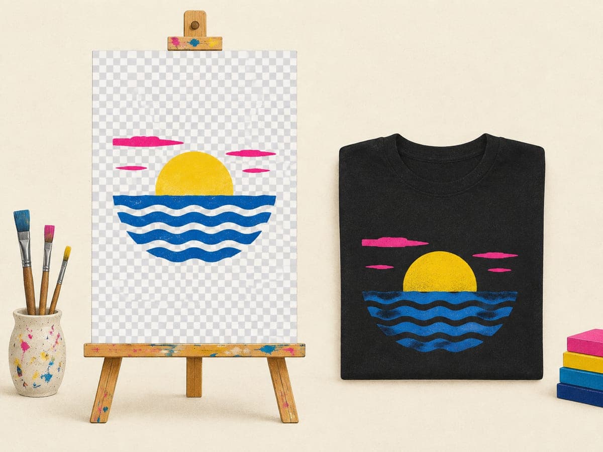 Portrait canvas with a checkerboard background and a sun-over-waves motif beside a black t-shirt with the same print