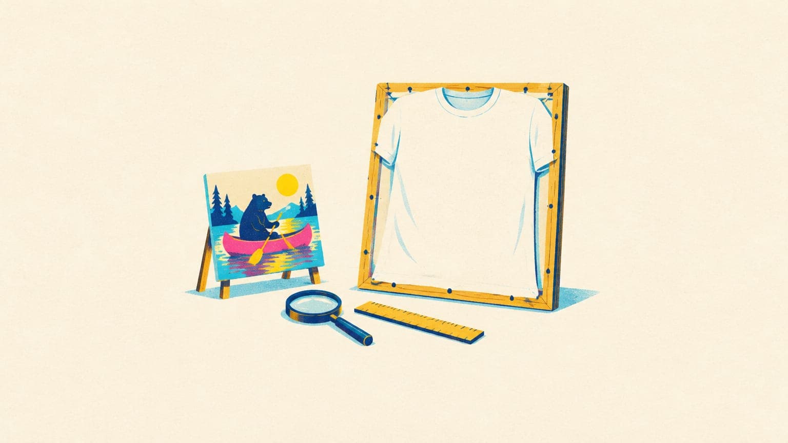 Small square painting of a bear in a canoe on a desk beside a large blank t-shirt on a frame, with a magnifying glass