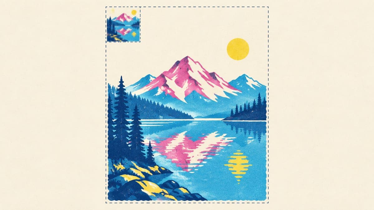 Small pixelated square image next to a large sharp version of the same lake scene filling a tall print area