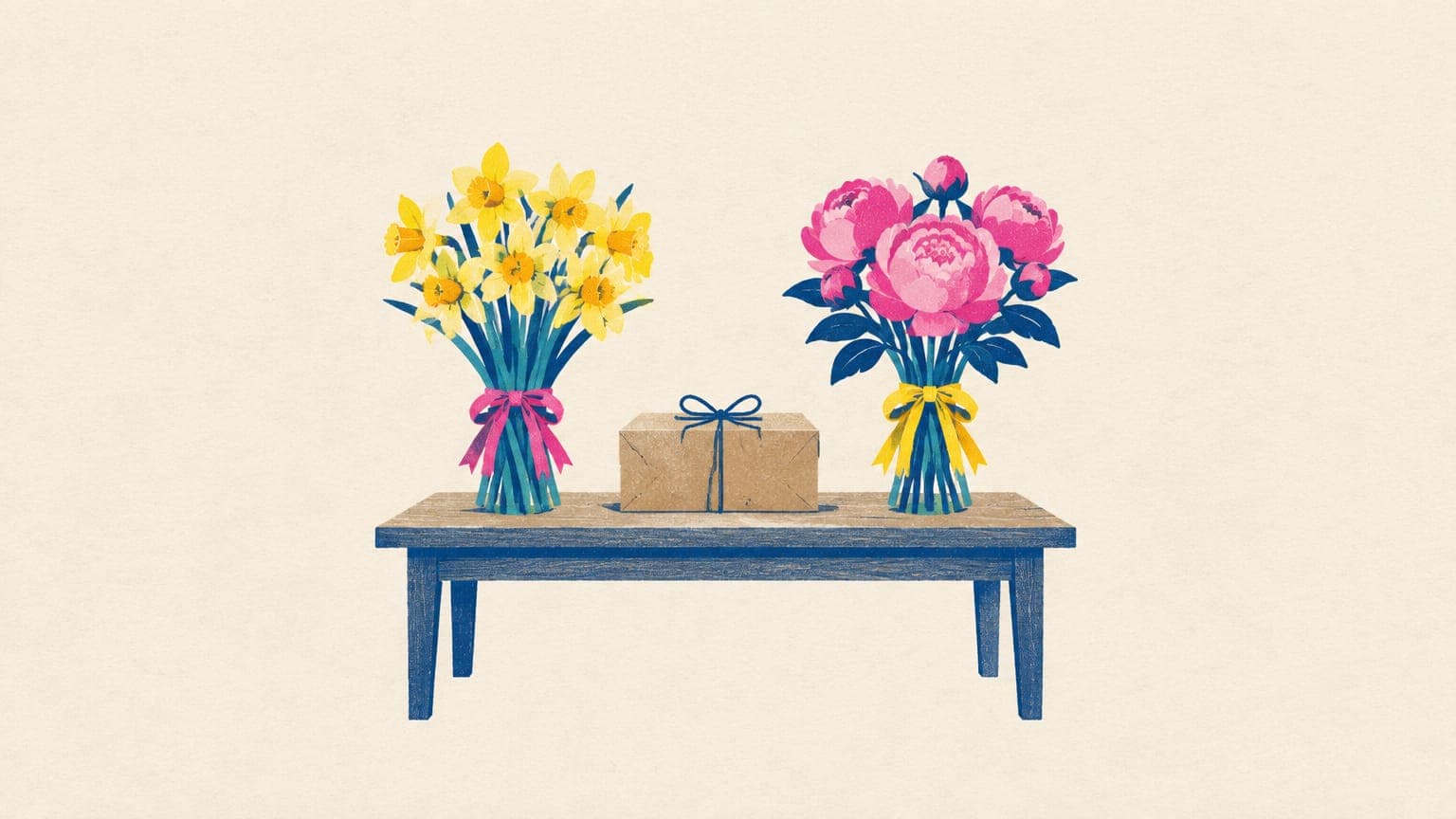 Two spring bouquets, one of daffodils and one of peonies, on either side of a small parcel box
