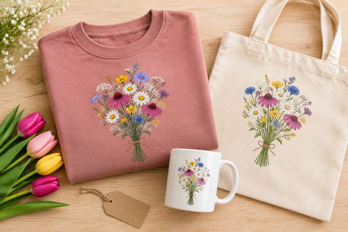 Dusty-rose sweatshirt with a wildflower print beside a matching mug, a canvas tote and fresh tulips