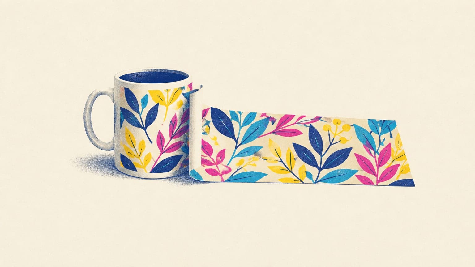 A mug with its printed wrap unrolling into a flat rectangular sheet beside it