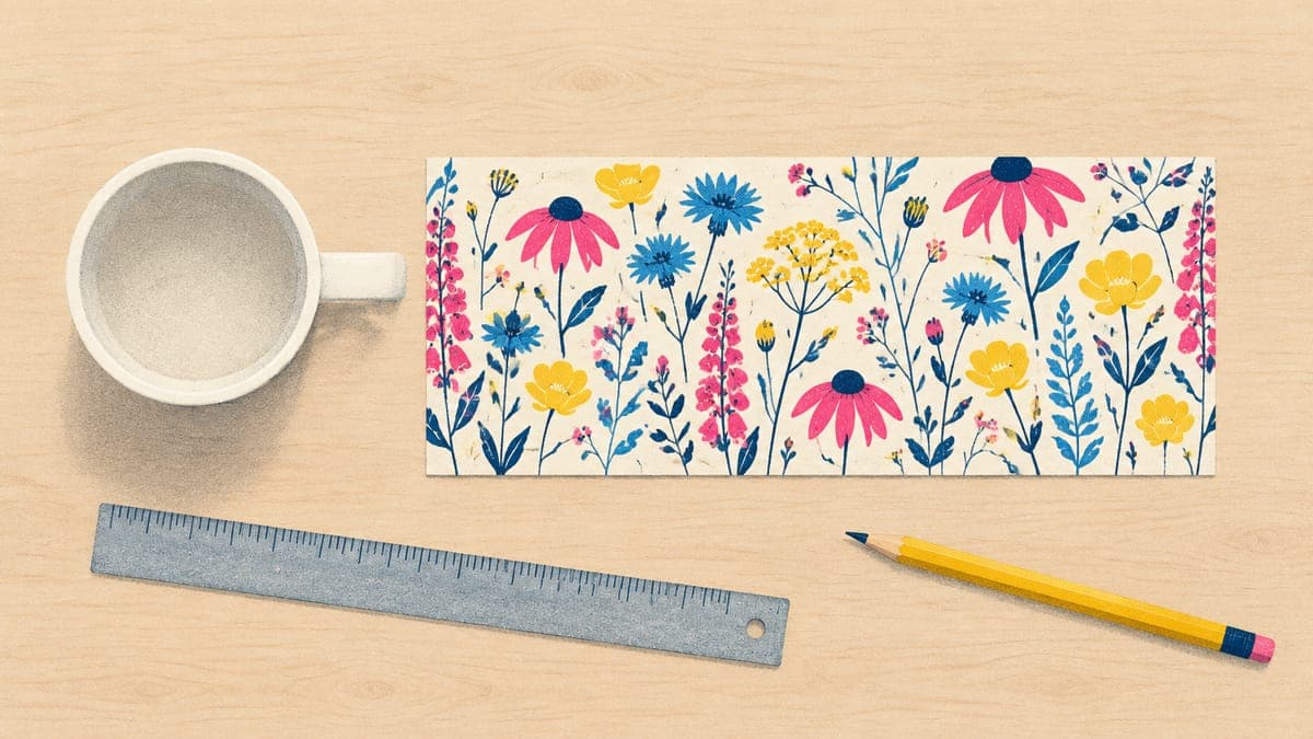 Overhead view of a white mug beside a flat floral wrap template, a ruler and a pencil
