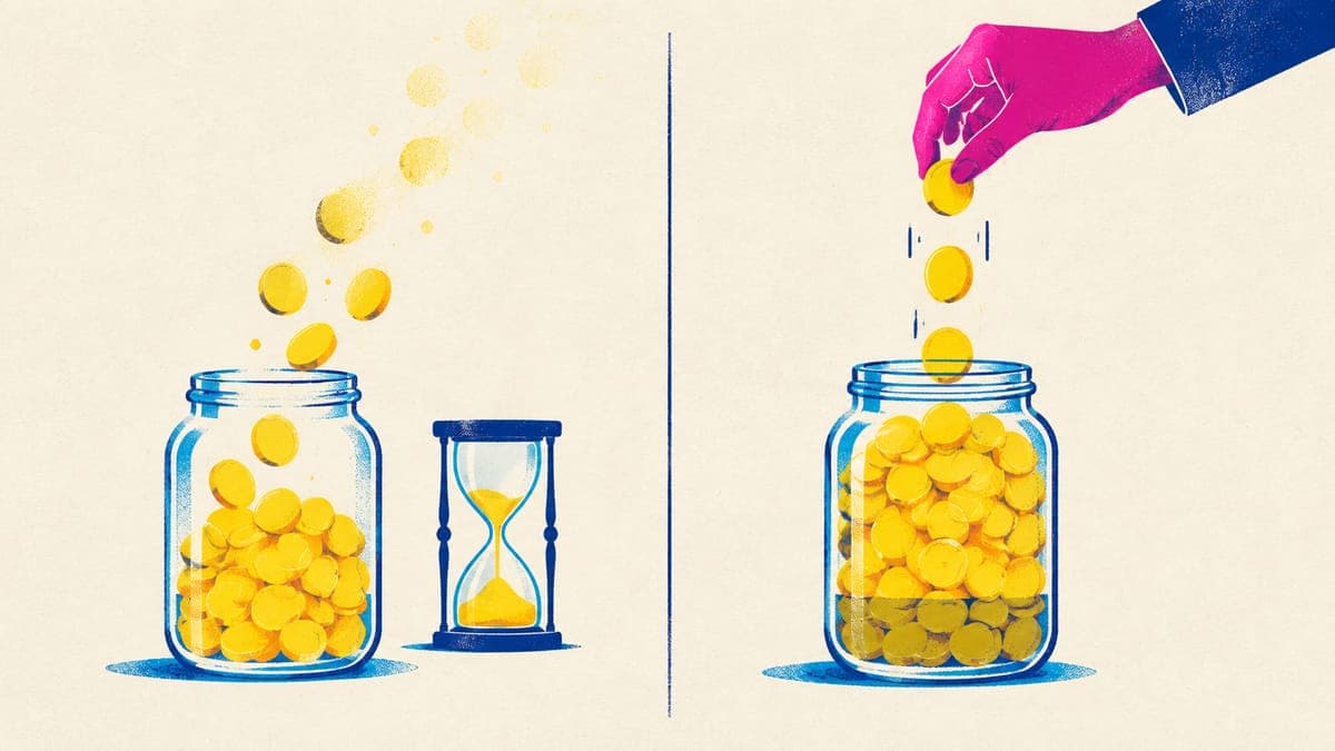Two jars of tokens: on the left tokens fade away beside an hourglass, on the right new tokens top up a full jar