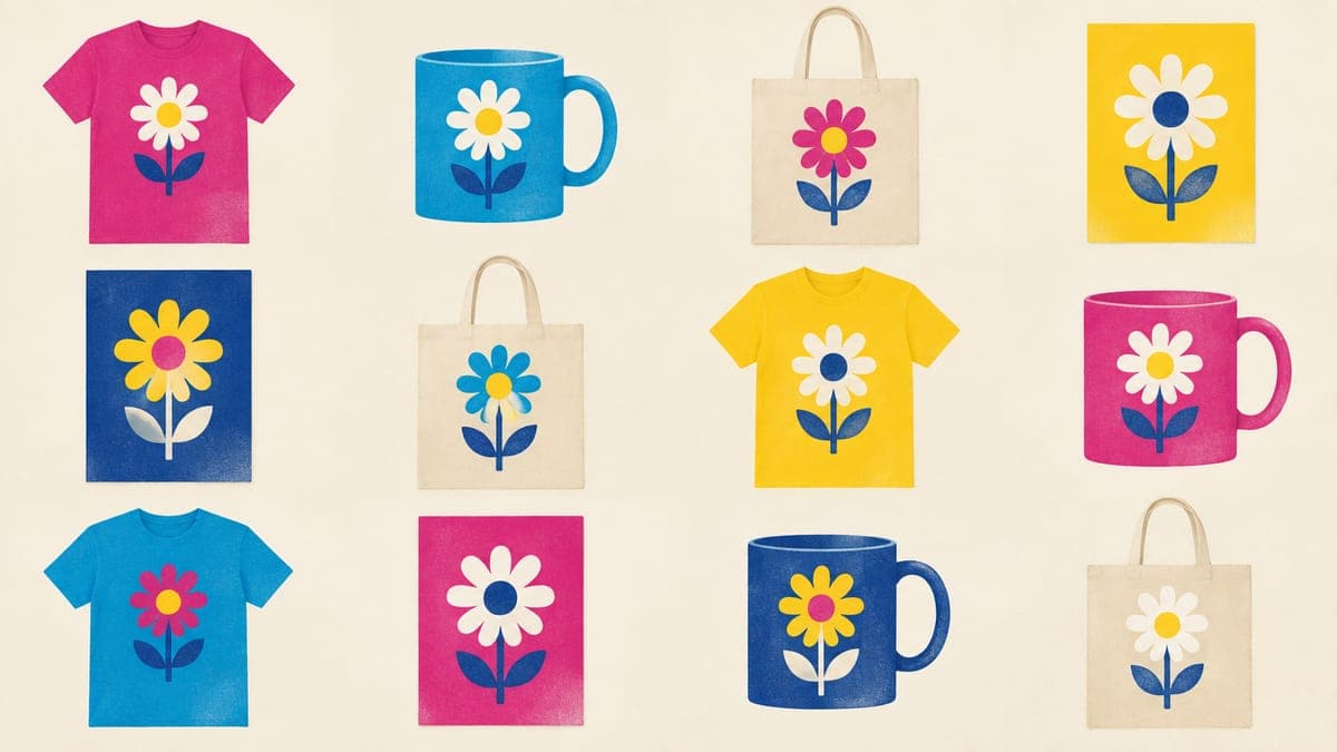 Grid of twelve product mockups, tees, mugs, totes and posters, each with the same daisy motif in different colors