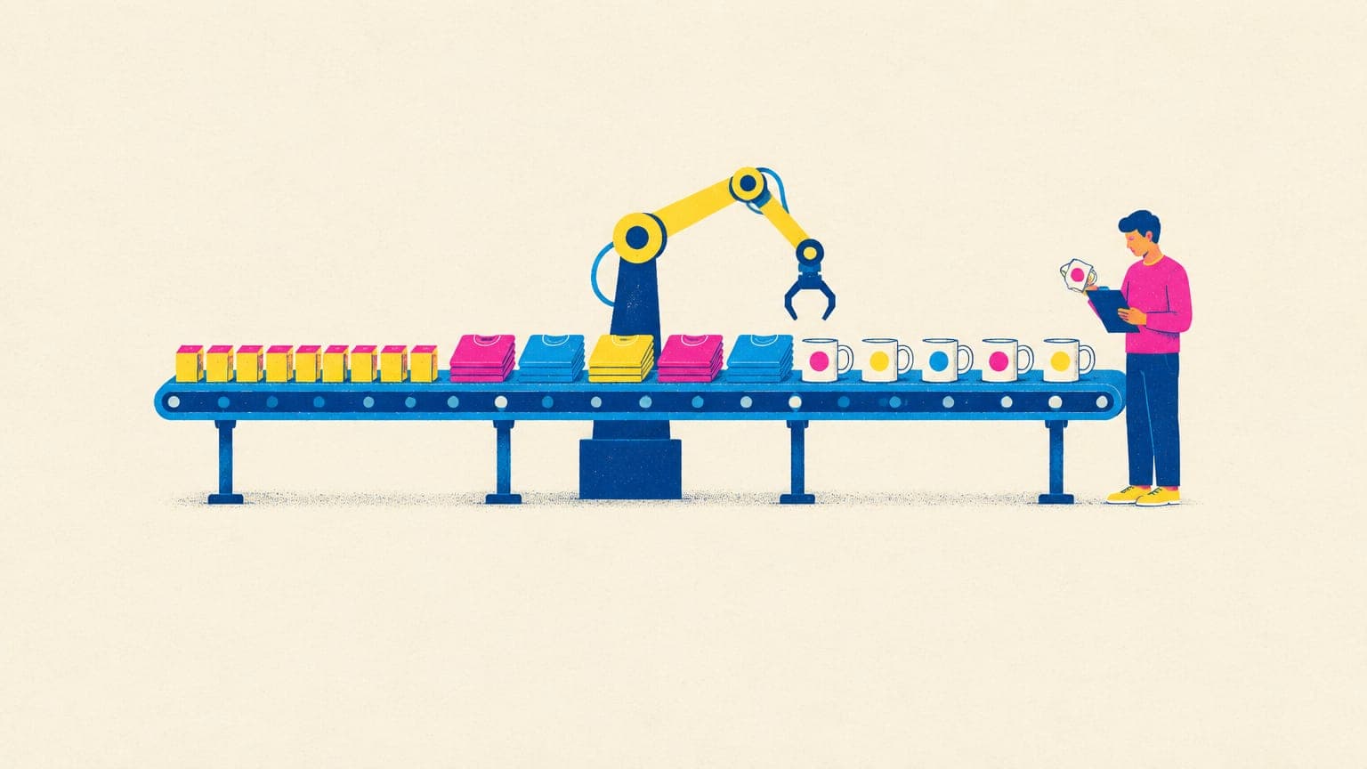 Conveyor belt of boxes, folded shirts and mugs passing a robotic arm, with a person inspecting one mug at the end