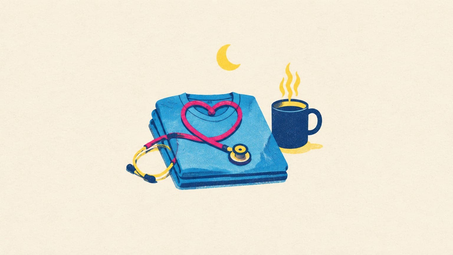 Stethoscope shaped like a heart on a folded t-shirt next to a coffee mug under a crescent moon