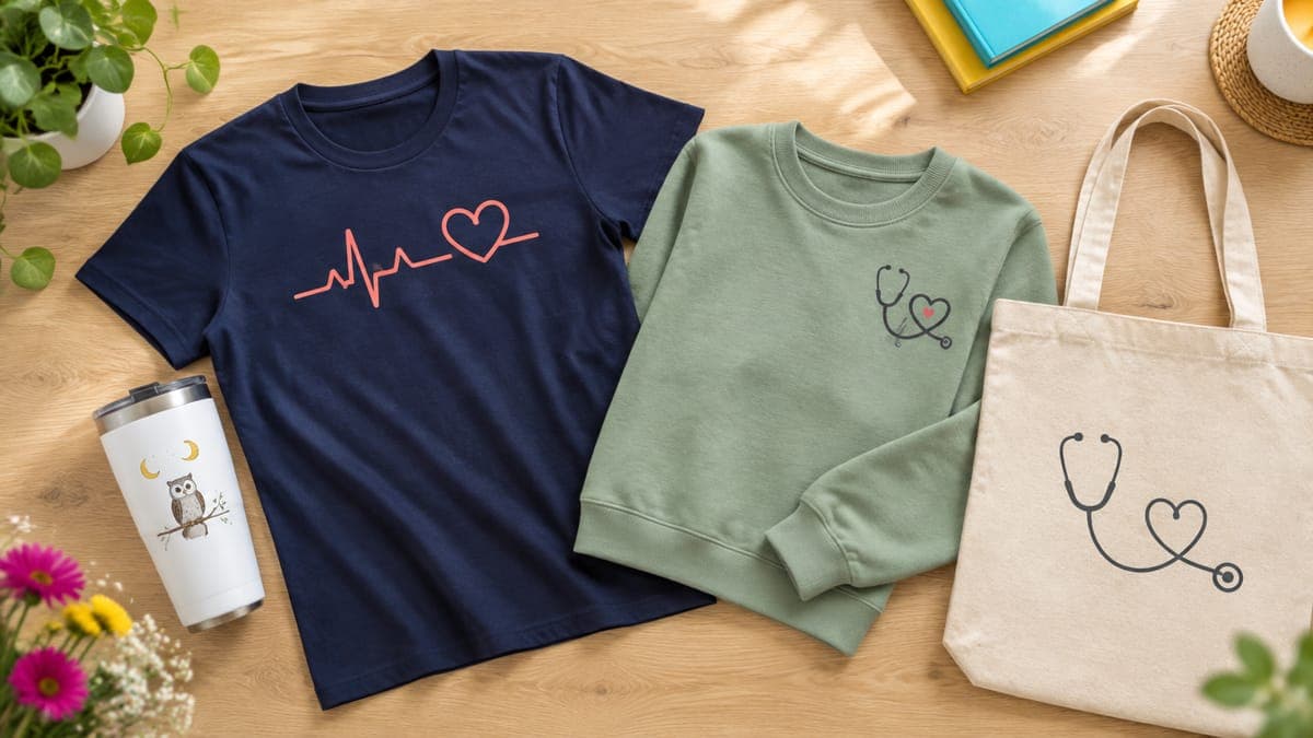 Flat lay of a navy tee, sage crewneck, white tumbler and canvas tote, each printed with a simple nursing motif