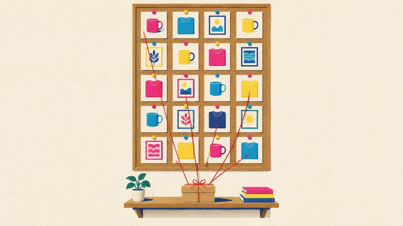 Illustration of a corkboard of vertical cards showing mugs, shirts and prints, with strings leading to a parcel