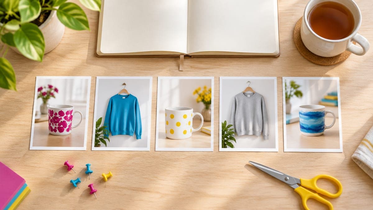 Desk with an open notebook, a row of small vertical product photos, push pins, scissors and a cup of tea