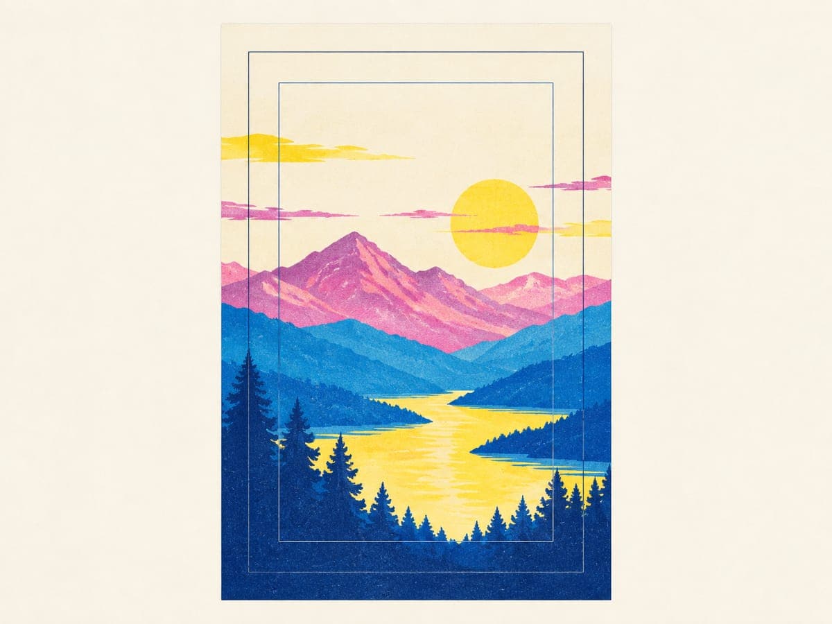A tall mountain landscape print with two shorter crop outlines nested inside it