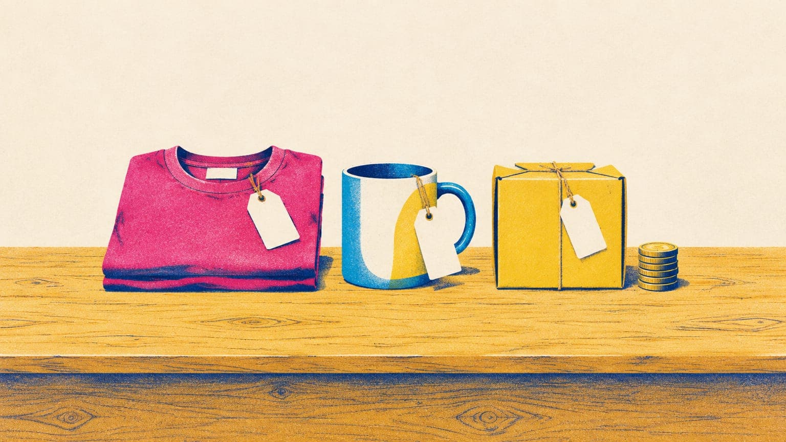 Illustration of a folded t-shirt, a mug and a parcel on a counter, each with a blank price tag, beside a stack of coins