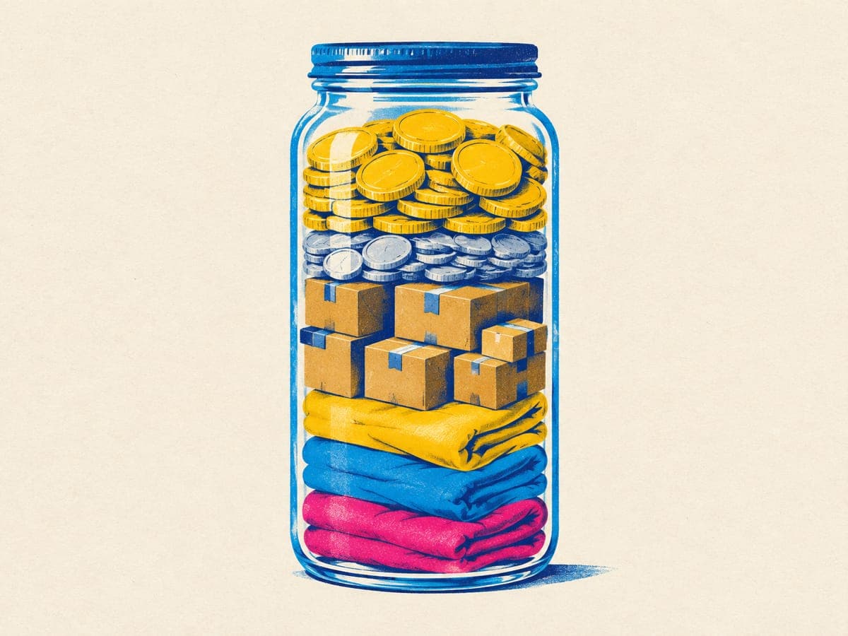 Glass jar filled in layers of folded fabric, small parcel boxes, silver coins and gold coins on top