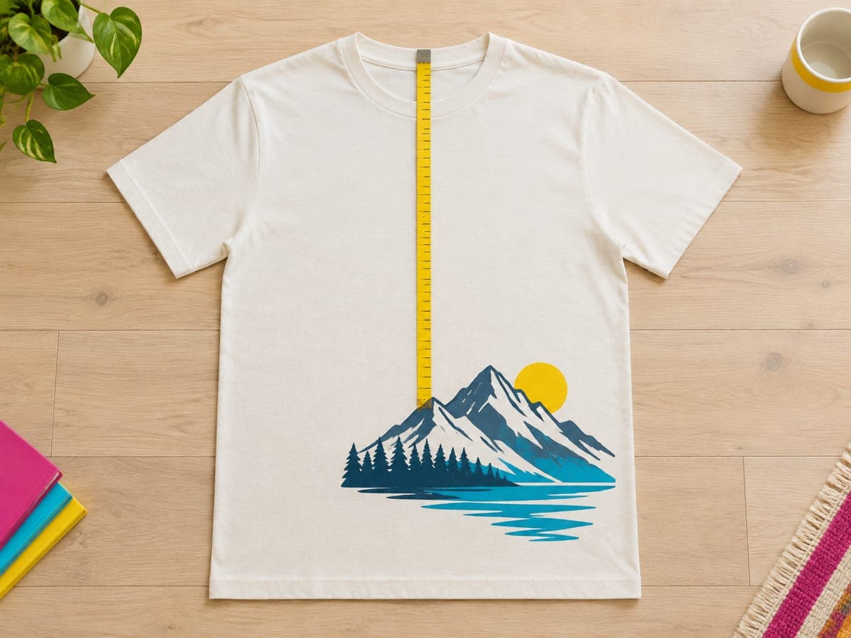 T-shirt laid flat with an off-center print and a tape measure from the collar to the print, as a claim photo