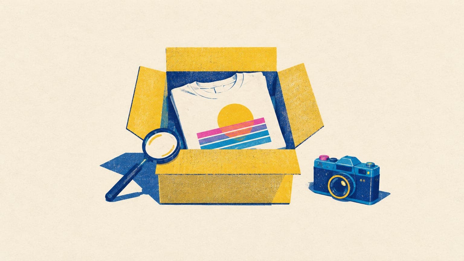 Illustration of an open parcel holding a t-shirt with an off-center print, a magnifying glass and a camera