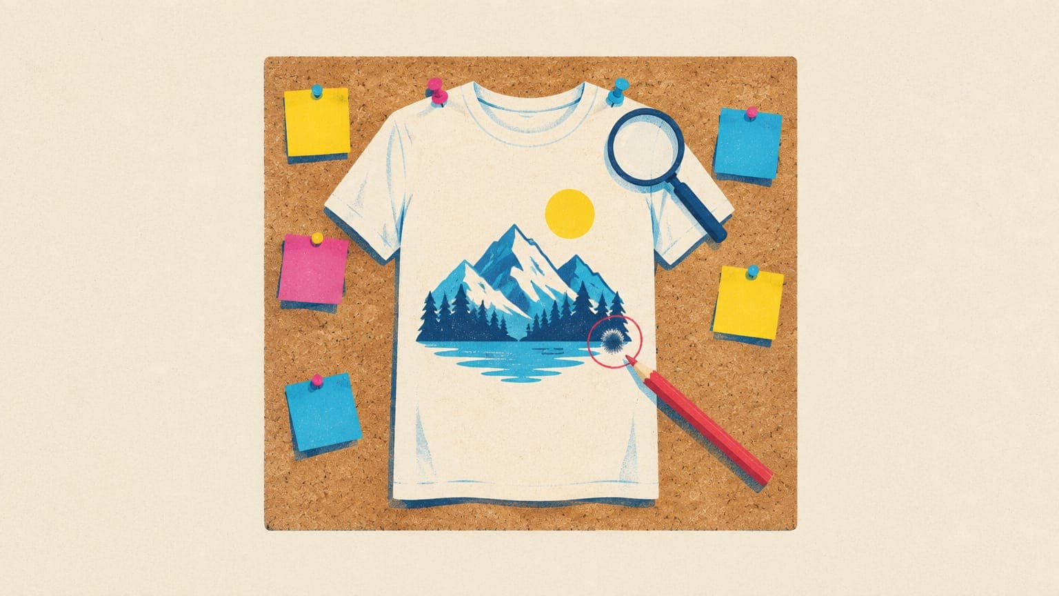 A printed t-shirt pinned to a corkboard with blank sticky notes, a magnifying glass and a red pencil circling a flaw.