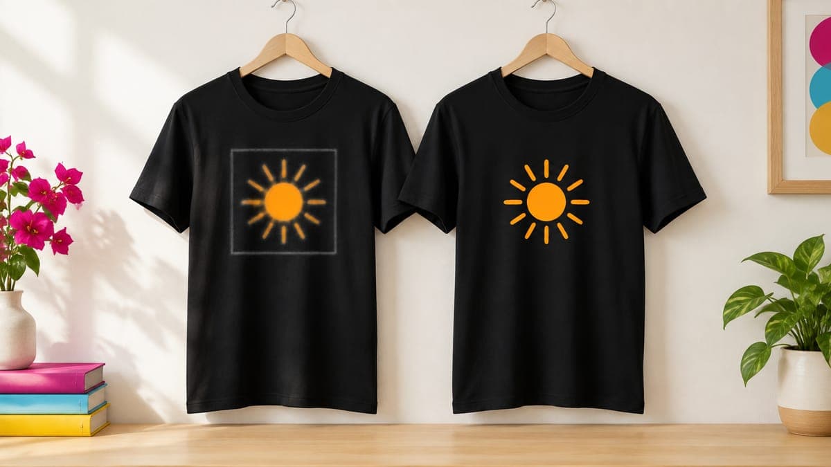 Two black t-shirts with the same sun print: the left has a faint box and fuzzy edges, the right is crisp and clean.