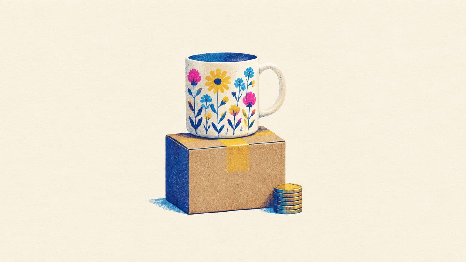 A patterned coffee mug on top of a small shipping box with a stack of coins beside it