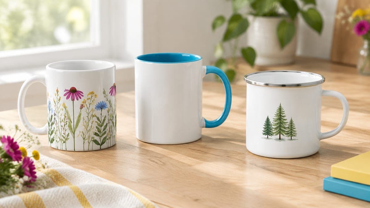 A white ceramic mug, an accent mug with colored handle and inside, and an enamel camping mug on a wooden table