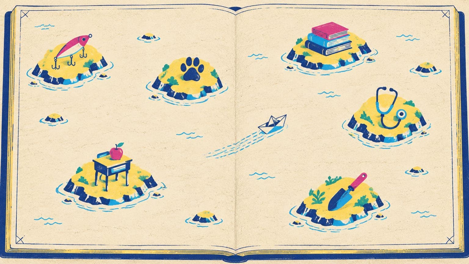 Illustrated sea map with small islands, each holding a hobby or job symbol such as books, a fishing lure and a paw print
