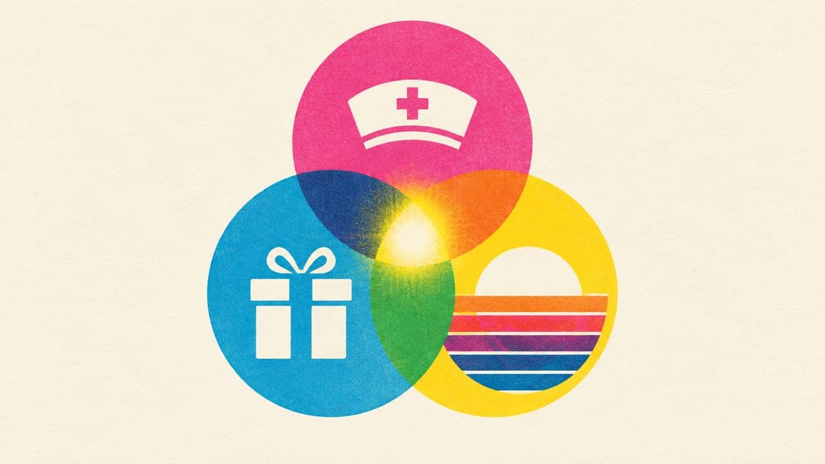Three overlapping circles containing a nurse cap, a wrapped gift and a retro sunset, with the center highlighted