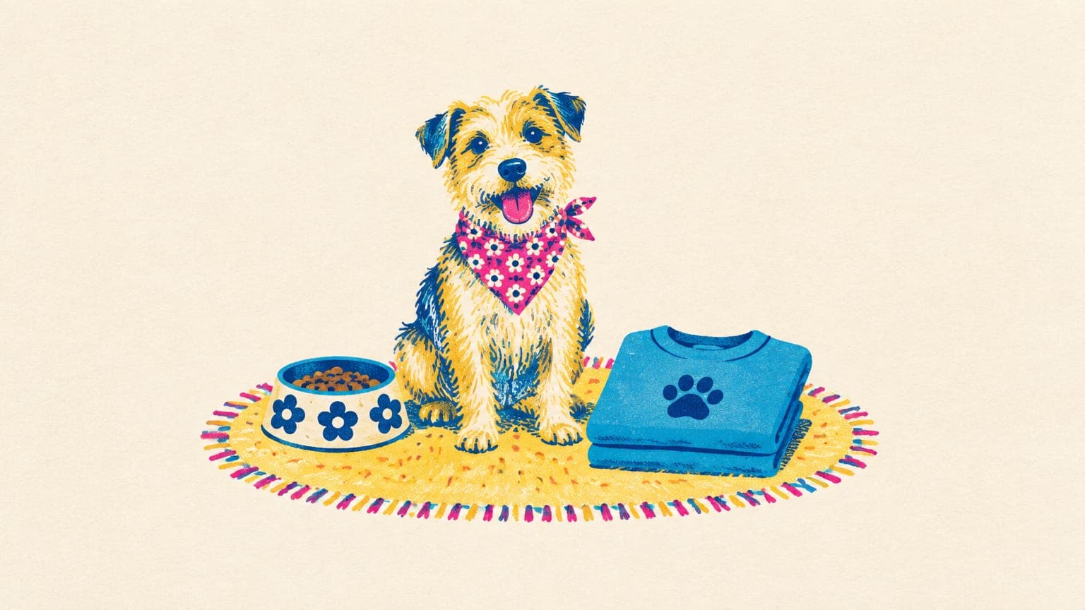 Illustration of a terrier in a bandana beside a food bowl and a folded sweatshirt with a paw print motif