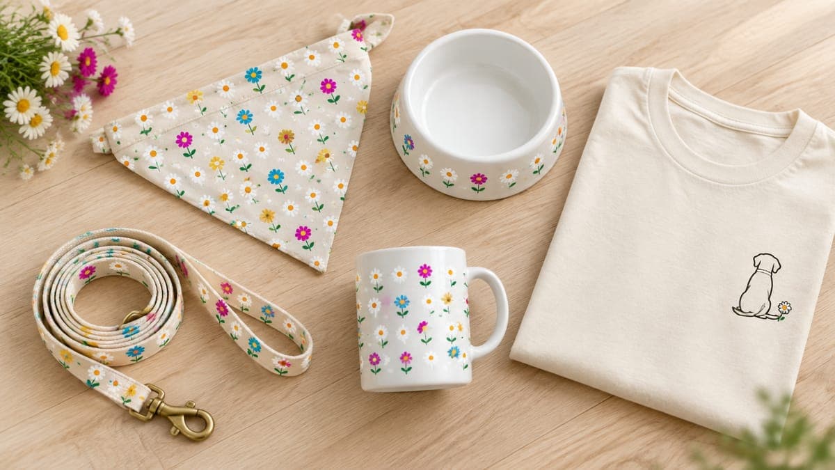 Flat lay of a daisy-print dog bandana, pet bowl, mug and t-shirt with a line-art dog, next to a coiled leash