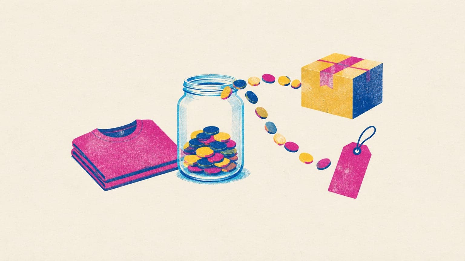Glass jar of coins beside a folded t-shirt, with coins flowing out toward a parcel box and a shopping tag