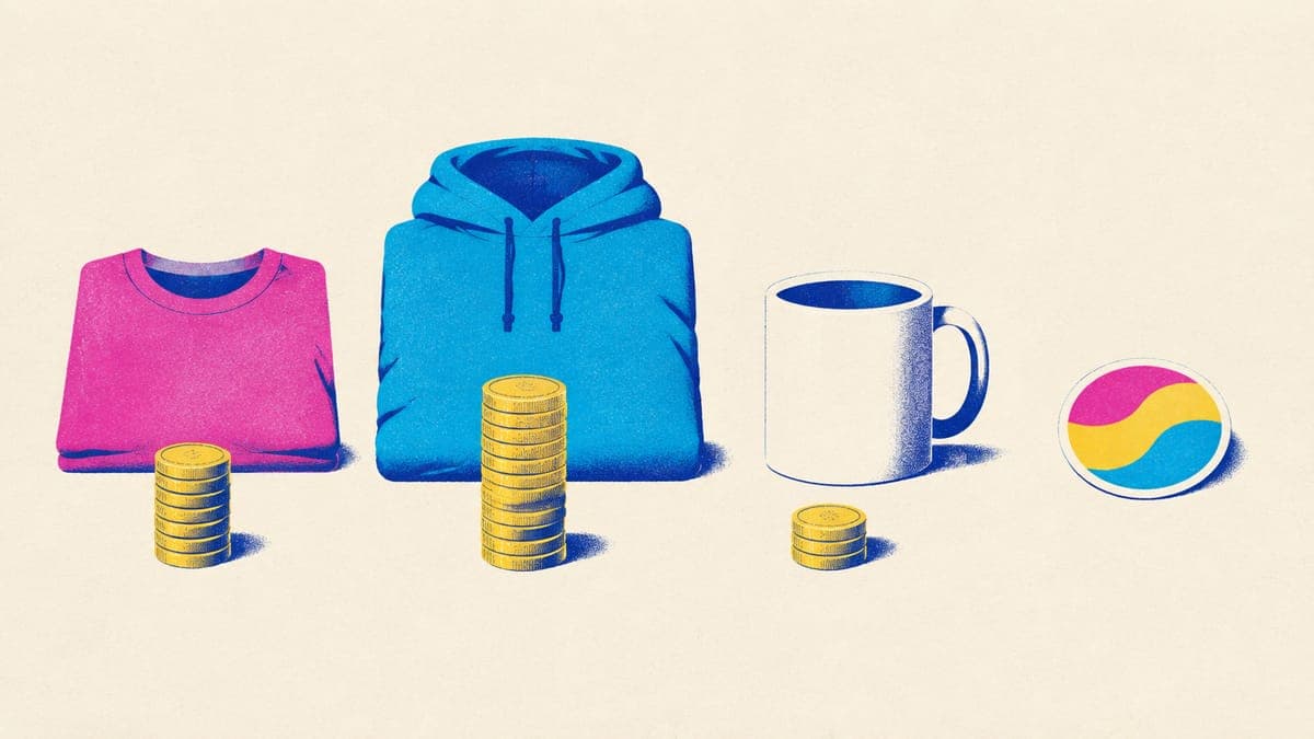 A t-shirt, hoodie, mug and sticker in a row with coin stacks in front: medium, tallest, short and none