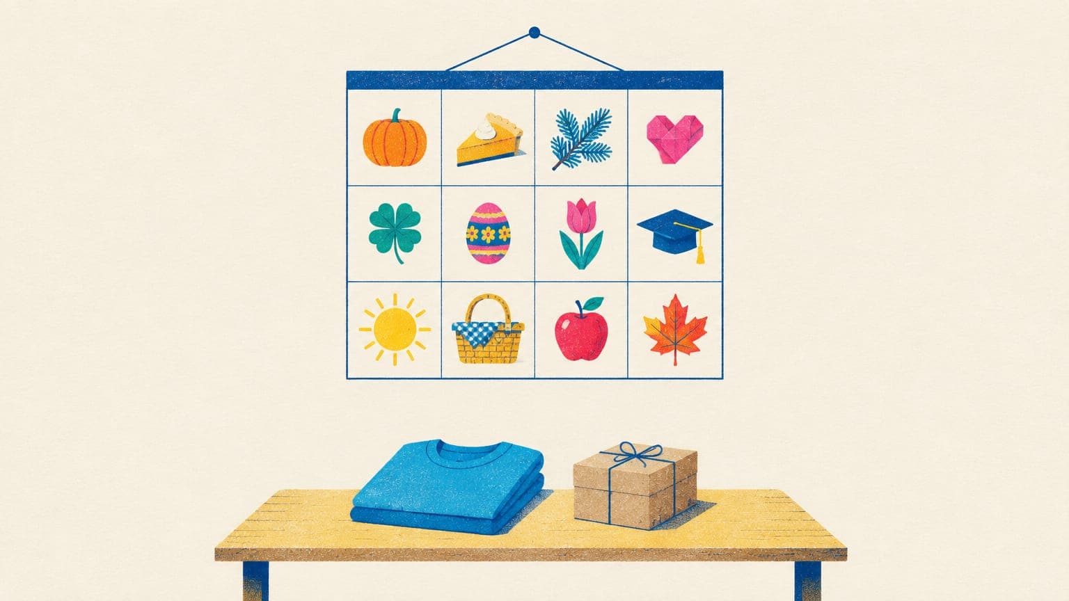 Calendar grid with a seasonal object in each square above a folded t-shirt and a small shipping box