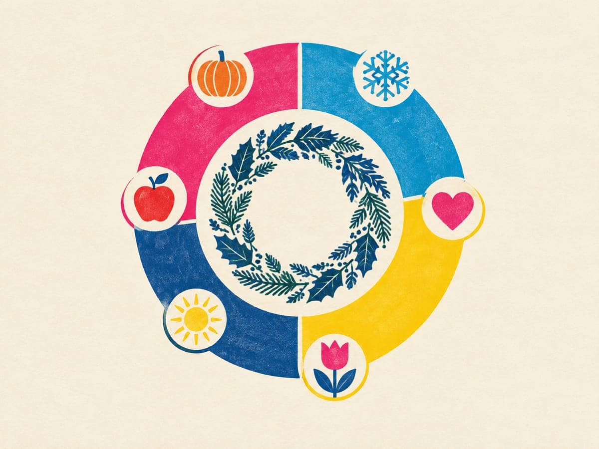 Circular year wheel split into seasons with small holiday icons around an inner ring of evergreen leaves