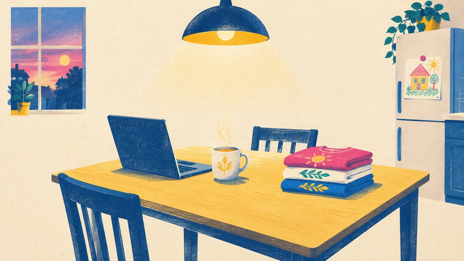 Kitchen table at dusk with a laptop, a mug of tea, a pendant lamp and a small stack of printed t-shirts.