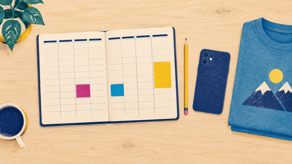 Top-down weekly planner with colored time blocks on two evenings and a weekend, next to a folded t-shirt.