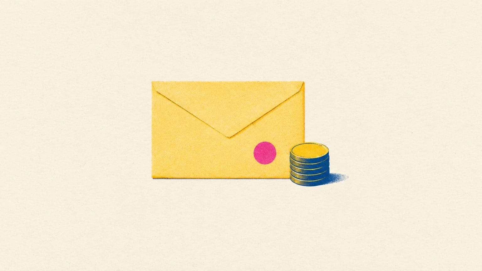 A single small sticker on a large envelope next to a short stack of coins