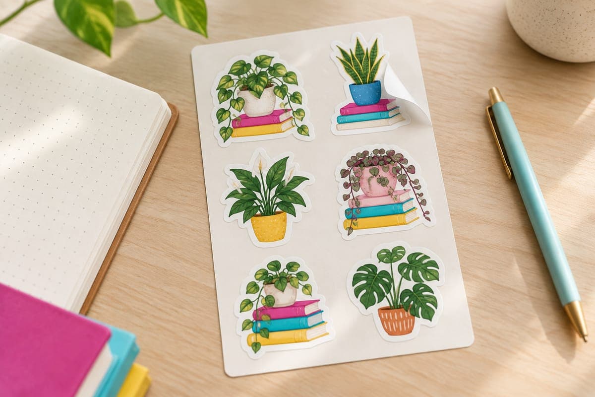 A kiss-cut sticker sheet of houseplant and book stickers beside an open notebook, one sticker partly peeled