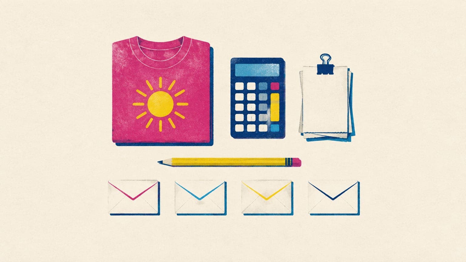 A folded t-shirt beside a calculator, a clipped stack of receipts, a pencil and four blank envelopes in a row