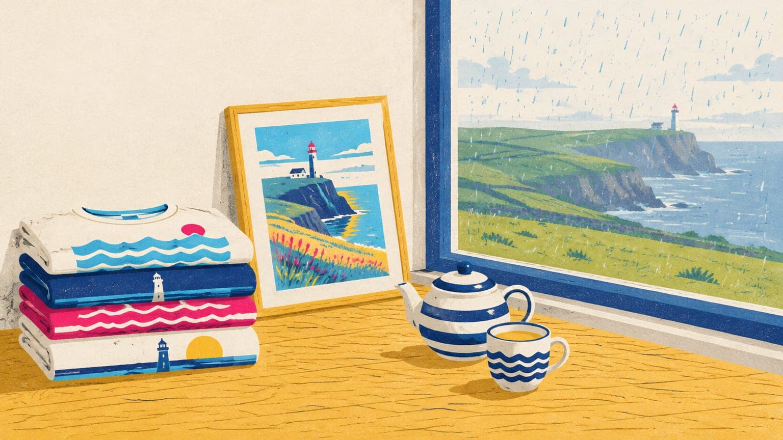 Folded printed t-shirts, a framed seaside print and a teapot by a rainy window overlooking green hills and a lighthouse.