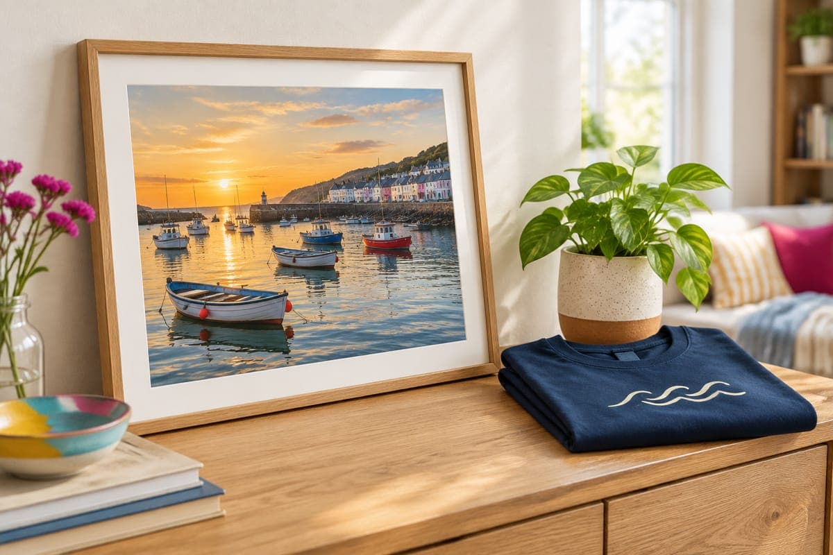 A framed harbour art print on a sideboard beside a folded navy t-shirt with a wave print and a potted plant.