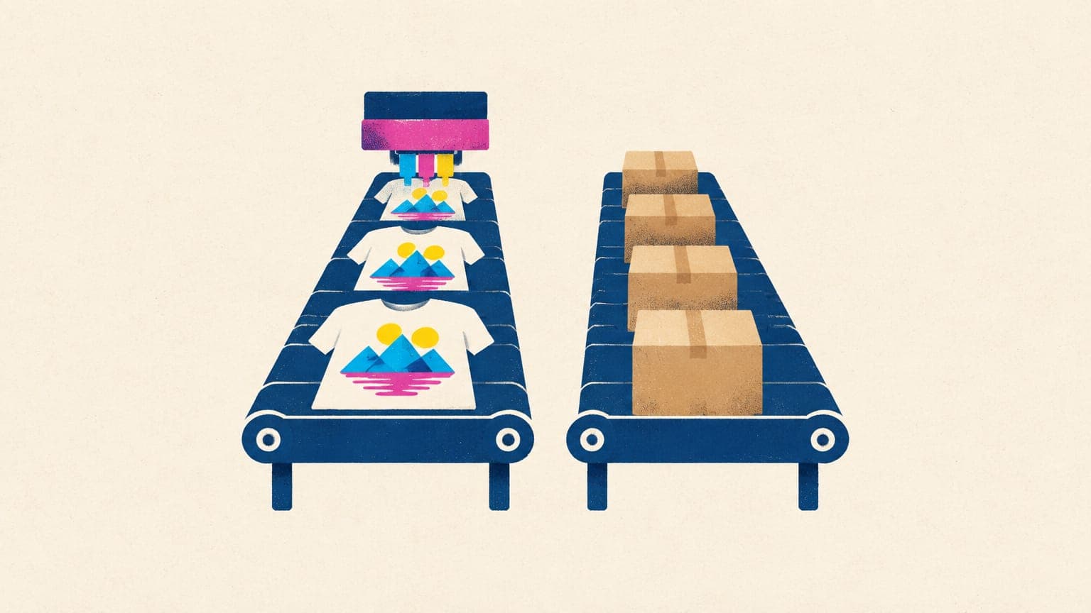 Two conveyor belts: plain t-shirts getting printed with sun and mountain motifs beside a row of identical cardboard boxes.