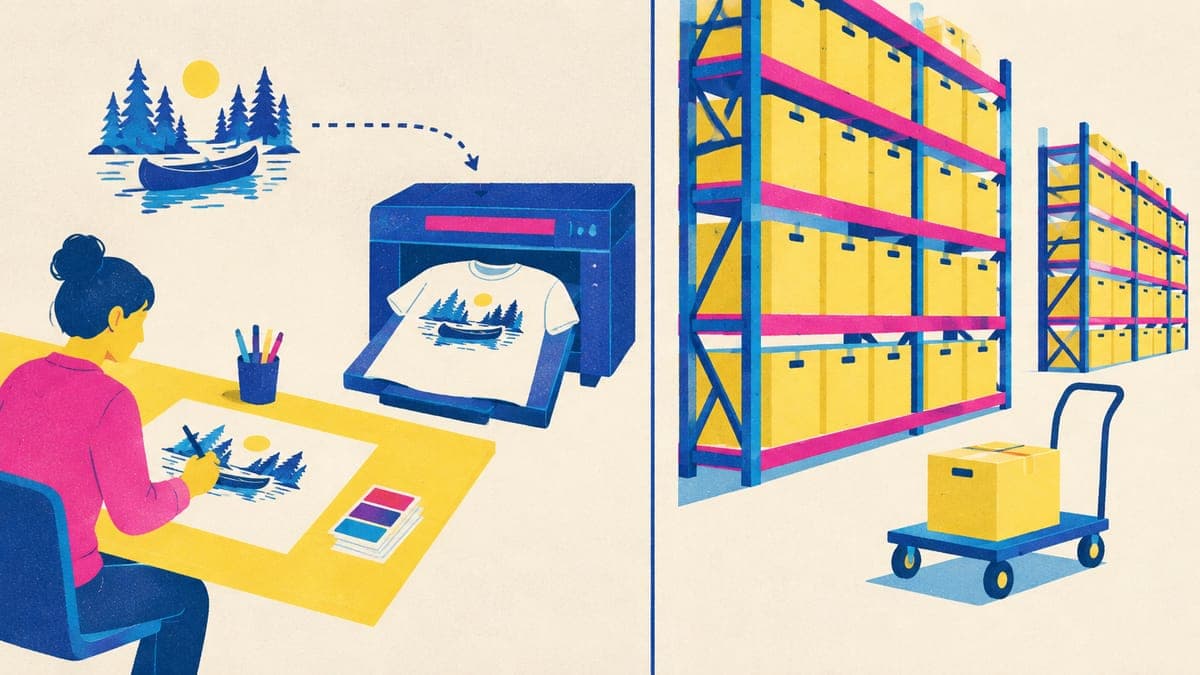 Split illustration: a design sketch printed onto a t-shirt on the left, warehouse shelves of identical boxes on the right.