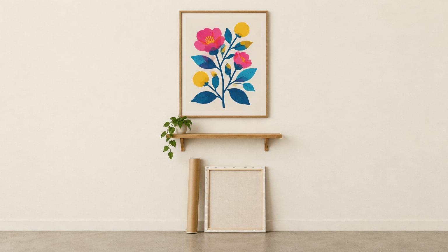 A framed botanical print on a wall with a rolled poster tube and a canvas leaning below it