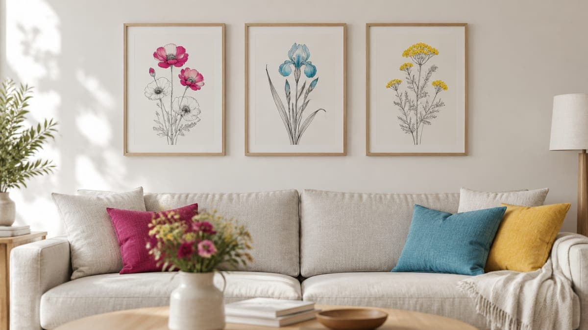 Three matching framed botanical line-art prints hanging above a linen sofa in a bright living room
