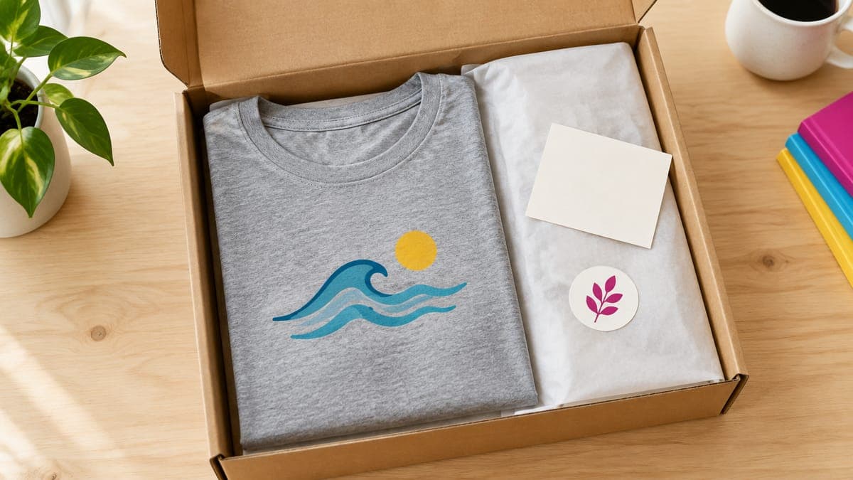 Opened mailer box with a folded gray t-shirt, tissue paper, a blank thank-you card and a leaf sticker