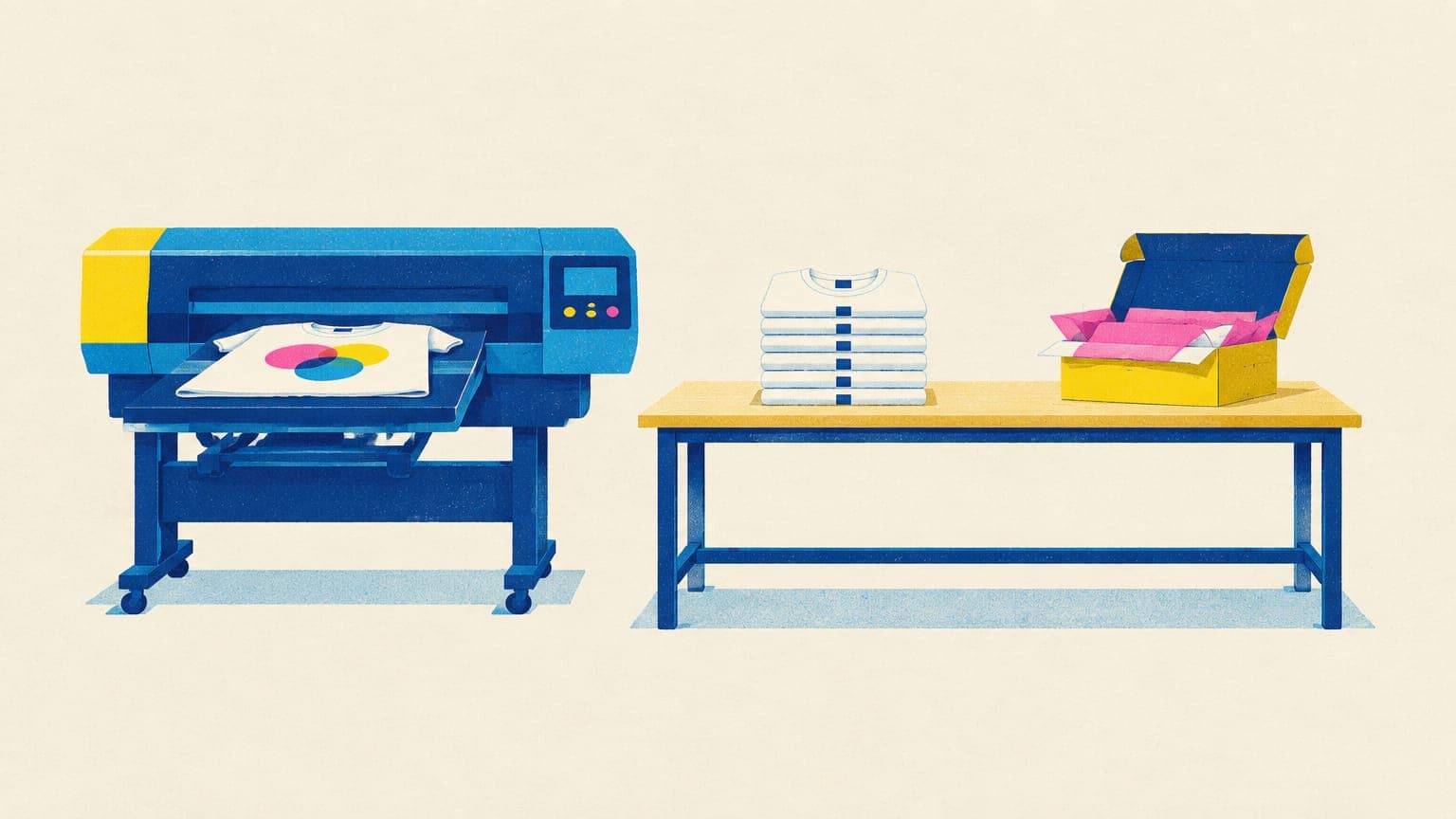 Tidy print studio with one garment printer, a stack of identical folded t-shirts with neck labels and a packed parcel box