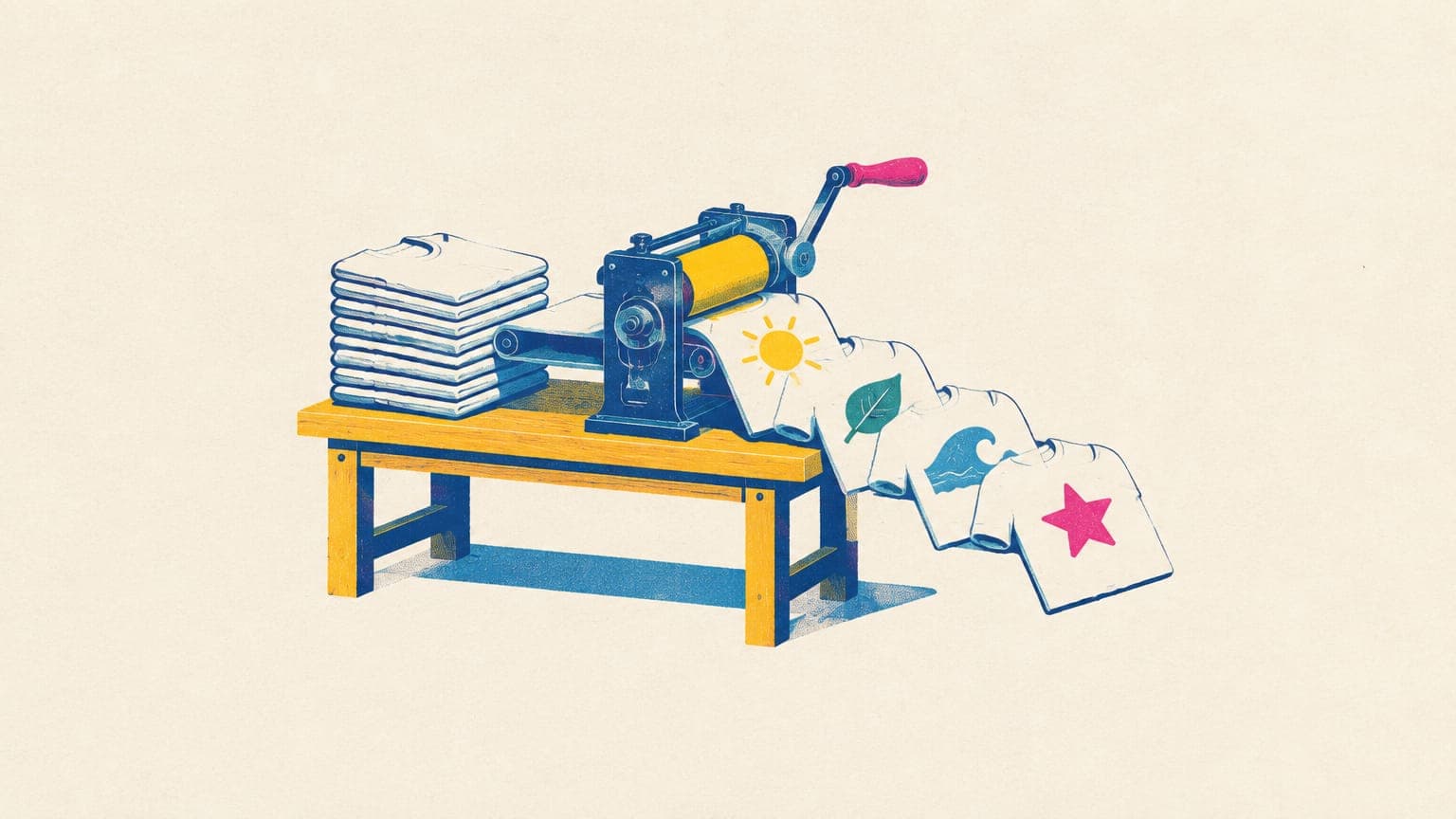 Hand-cranked machine turning a stack of blank t-shirts into shirts printed with a sun, leaf, wave and star