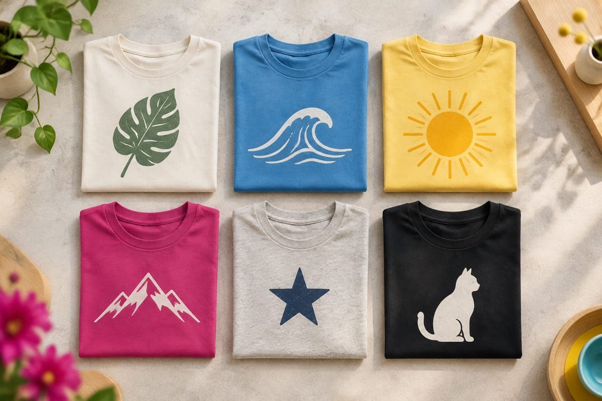 Six folded t-shirts in a grid, each printed with a different simple motif, on light concrete